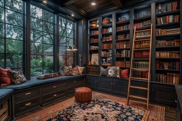 Naklejka premium Contemporary home library with built-in bookshelves