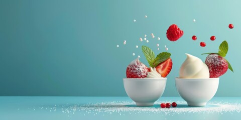 Whipped cream with strawberries in bowls against a blue background.