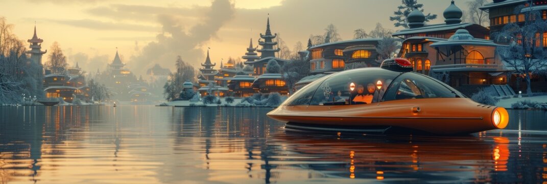 Futuristic hydrocars cruising through urban waterways