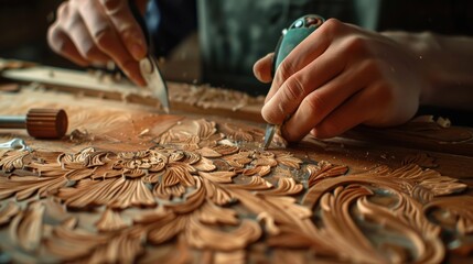 A man is carving a design into a piece of wood. The design is intricate and detailed, and the man is using a knife to carefully carve it out. Concept of patience and skill