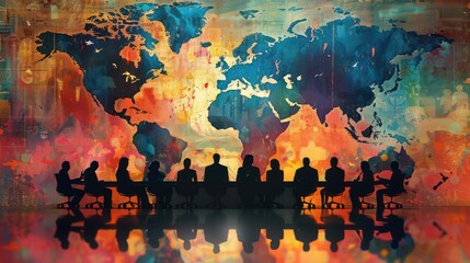 A creative depiction of business professionals silhouetted against a world map backdrop during a meeting at a round table in an office setting