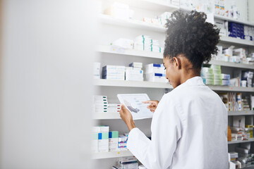 Female pharmacist, check or tablet with screen in pharmacy for stock inspection, report for medicine inventory. Woman, drug store or mockup for digital record of health information or pills space