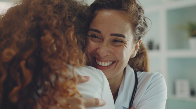 A woman receives a hug from another woman wearing a doctor's stethoscope, conveying a sense of comfort and care
