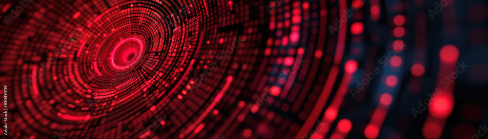 Poster abstract digital red circular network with dots and lines forming a futuristic tunnel, showcasing da
