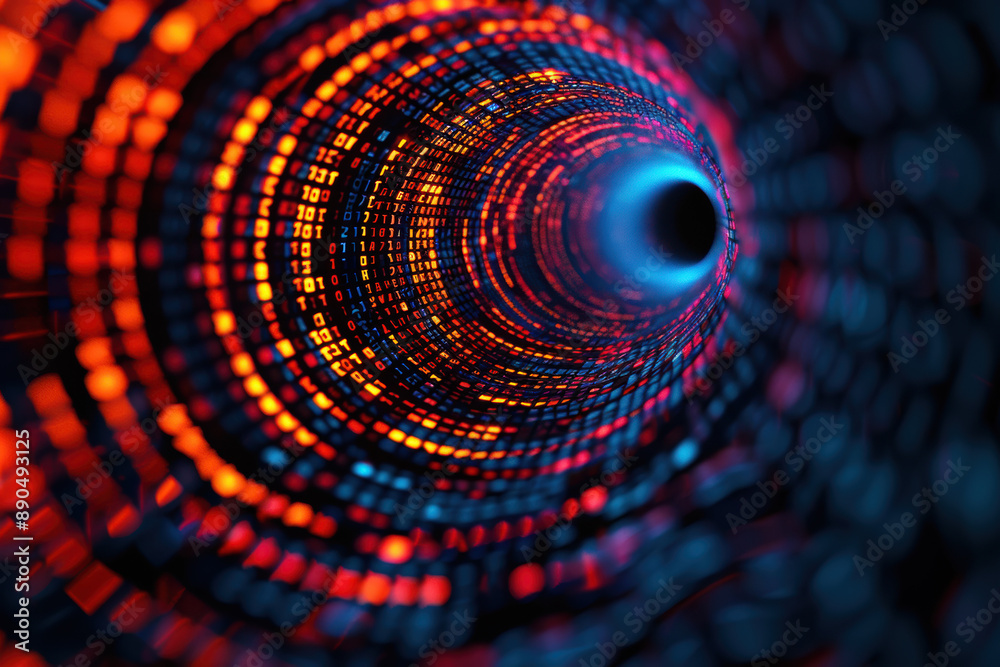 Poster abstract digital tunnel with glowing binary code in blue and red. futuristic concept of data transfe