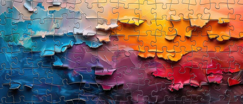 Colorful jigsaw puzzle pieces, extreme detail, 8K.