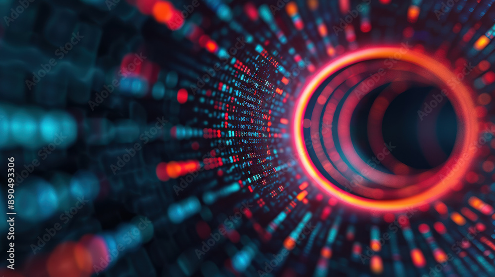 Poster abstract futuristic technology background featuring a tunnel of glowing lights and binary code, repr