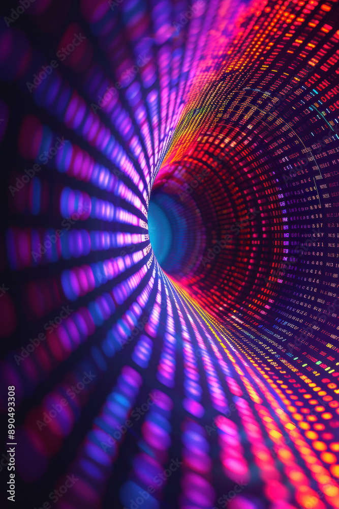 Poster vibrant digital tunnel with colorful lights and binary code, representing data flow, technology, and