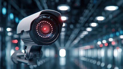 A camera with a red light is in a dark room. The camera is in a hallway with many lights