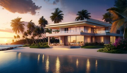 grand prismatic spring, sunset on the beach, wallpaper tropical resort at sunset, resort at night, villa luxueuse au bord de mer à la lumière tropicale du soir