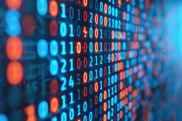 Obraz premium Abstract digital binary code background with red and blue numbers representing data streaming in futuristic technology style.