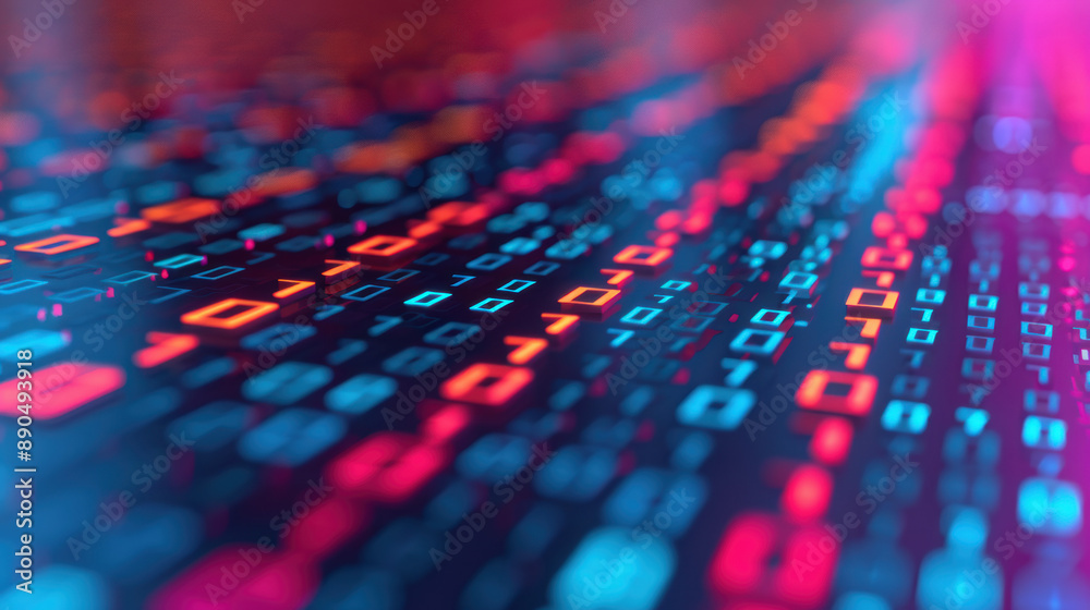 Aufkleber Vibrant digital landscape featuring a dynamic array of binary code in blue and red hues, conveying technology and data complexity.