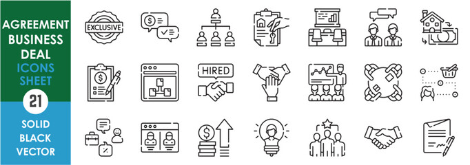 A set of line icons related to agreement, business and deal. Supply, consumer, real estate, contract, leader, exclusive, lending, money, meeting, online, hiring, presentation, and so on.