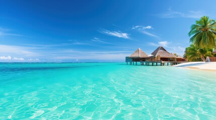 Tropical island beach with overwater bungalows, luxury and exclusive.