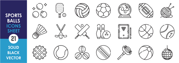 A set of line icons related to sports ball. Ball, pickle, crystal, rugby, cricket, football, yarn, shuttlecock, golf, baseball, beach, tennis, bowl and so on. Vector outline icons set.