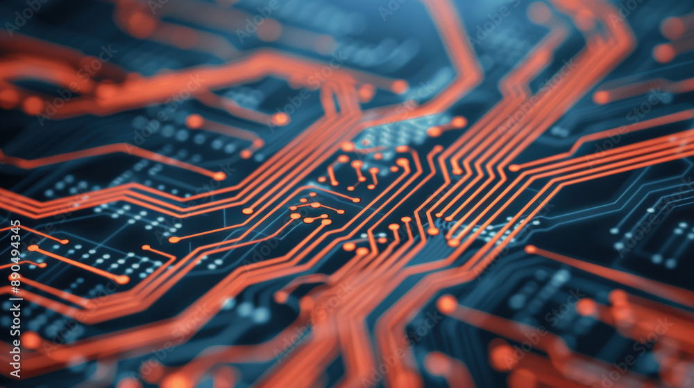 Poster close-up image of a detailed circuit board with glowing red lines representing electronic pathways. 