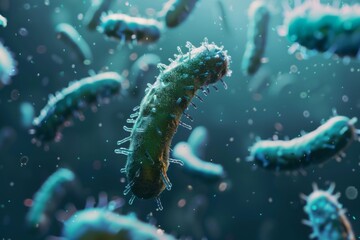 Fototapeta premium Probiotics bacteria under microscope abstract blue background. Close-up of biological medicine