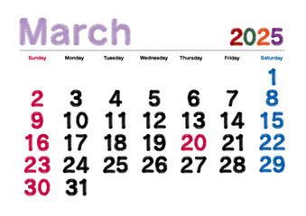 2025年3月の刺繍文字風カレンダー日曜始まり
