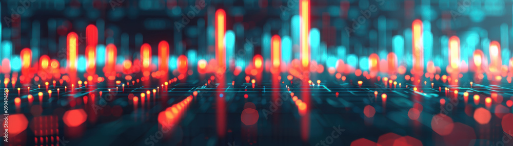 Poster abstract futuristic circuit board with glowing red and blue lights representing digital technology a