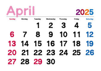 2025年4月の刺繍文字風カレンダー日曜始まり
