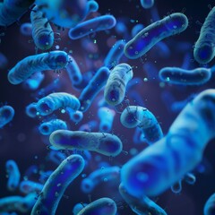 Probiotics bacteria under microscope abstract blue background. Close-up of biological medicine