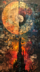 Obraz premium Surreal Mosaic Castle Artwork Under Split Sun and Moon in Vibrant Colors