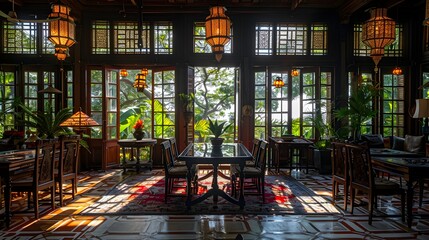 Obraz premium Cozy and Inviting Traditional Rustic Interior of a Historic Manor House Greenhouse with Warm