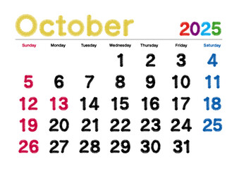 2025年10月の刺繍文字風カレンダー日曜始まり
