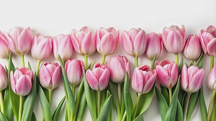 Fototapeta premium Delicate pink tulips arranged in a elegant border design isolated on a clean white background, perfect for spring or floral themed graphics and designs.
