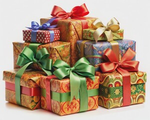 Colorful stack of ornate gift boxes in assorted sizes, beautifully wrapped with vibrant ribbons and bows, ready to bring happiness to loved ones.