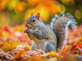 Fototapeta premium A western gray squirrel forages on forest floor, nibbling an acorn amidst vibrant autumn foliage, showcasing its bushy tail and tiny paws in warm natural light.