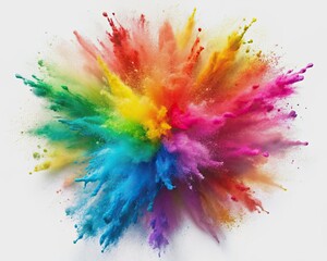 Vibrant rainbow colored powder explosion against a pure white background with ample copyspace, perfect for festive and celebratory themes, such as Holi festival celebrations.