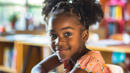 Close up of a cute little black African schoolgirl smiling at the camera. Blurred background of a classroom, afro hair. Room for copy.