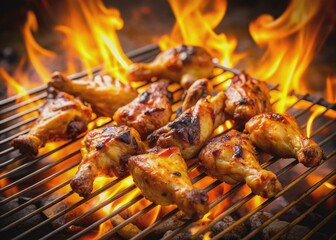 Savory grilled chicken wings sizzle over open flames on a rustic charcoal grill, surrounded by smoky ambiance and tantalizing golden-brown crispy skin.