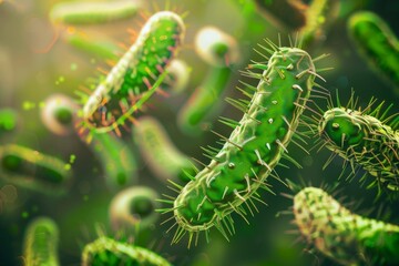 Fototapeta premium Probiotics bacteria under microscope abstract green background. Close-up of biological medicine
