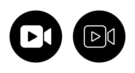 Video camera with play button icon on black circle. Camcorder concept