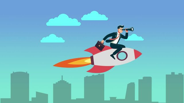 Cartoon businessman with briefcase riding a rocket above city skyline, symbolizing business success and ambition.
