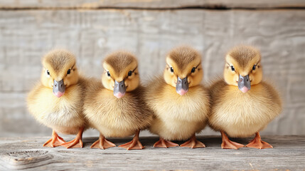 Four fluffy ducklings standing in a row on a wooden surface, looking directly at the camera.