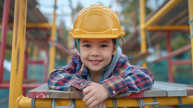 Smiling child wearing a yellow construction helmet and plaid shirt, leaning on a scaffold at a construction site.