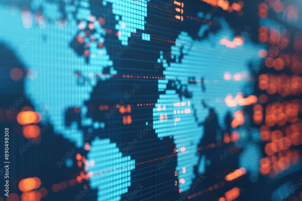 Poster digital world map with glowing data points representing global connections and technology trends. pe