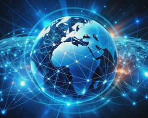 Fototapeta premium Vibrant blue globe surrounded by intricate network of glowing lines, pulsing with futuristic energy, symbolizing seamless 5G wireless connectivity and AI-driven IoT advancements.