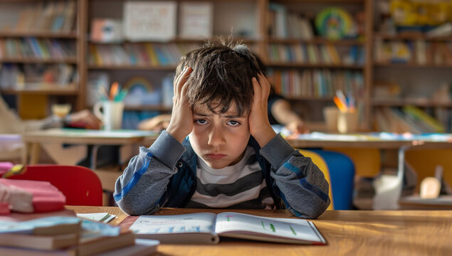 Frustrated elementary school boy sitting in school with a book open  - Powered by Adobe