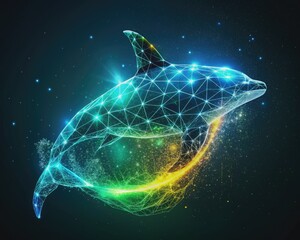 Mesmerizing glowing blue killer whale formed from digital particles with geometric lines, transitioning from light to dark, yellow, green, and blue hues, against a black backdrop.