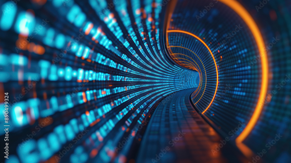 Aufkleber futuristic digital tunnel with glowing lines and binary code, perfect representation of data transmi