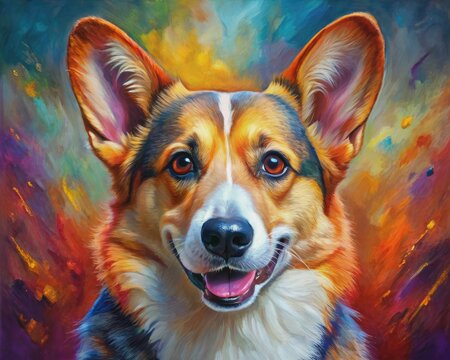 Vibrant oil portrait of a Welsh Corgi Pembroke's muzzle, rendered in bold brushstrokes and textures, showcasing expressive eyes and a loving gaze on a canvas background.