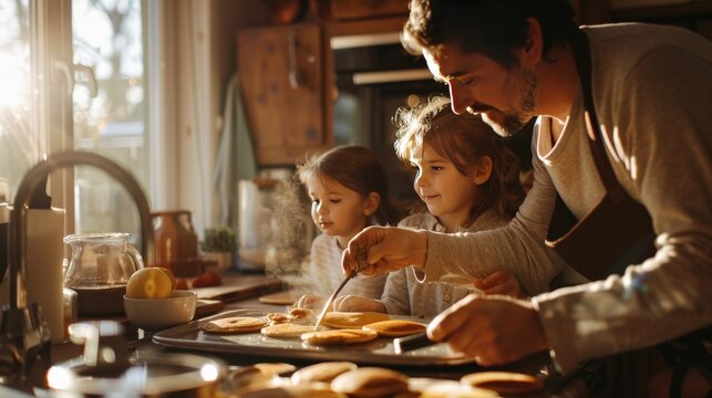 Father flipping pancakes while kids eagerly wait at the kitchen counter
