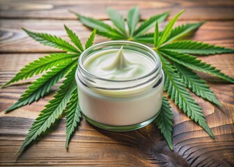 A jar of creamy CBD topical treatment sits alongside fresh marijuana leaves, highlighting the natural ingredients for wellness, skincare, pain relief, and inflammation reduction.