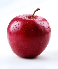  A single red apple with water droplets, isolated on a white background, showcasing its fresh and juicy appeal.