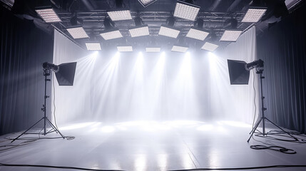 Professional photography studio setup with bright lights and softbox lighting, creating a well-lit, empty space.