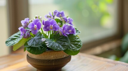 An elegant African Violet in lavender blooms in a terracotta pot on a table